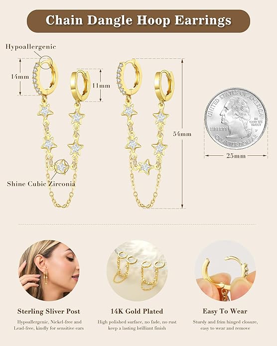 Tassel Chain Small Gold Hoop Dangle Earring For Women Huggie Earring Heart Star CZ 14K Gold Plated Fashion Jewelry Friendship Gift