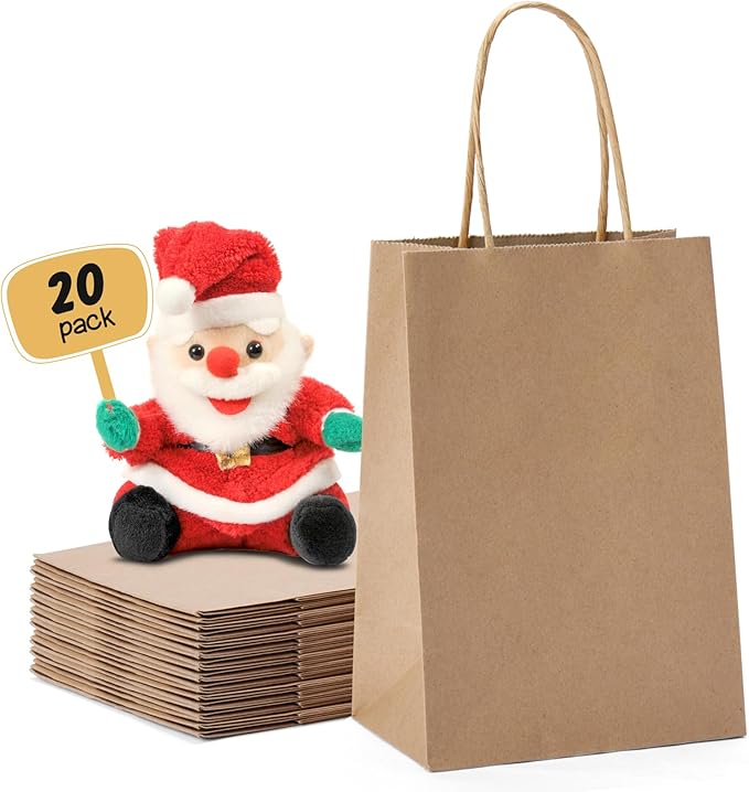 METRONIC Paper Gift Bags 5.25x3.75x8 Inch 20Pcs, Gift Wrap Bags with Handles, Brown Kraft Paper Bag for Small Business, Heavy Duty Bulk Bag for Birthday Party Favors, Shopping, Retail