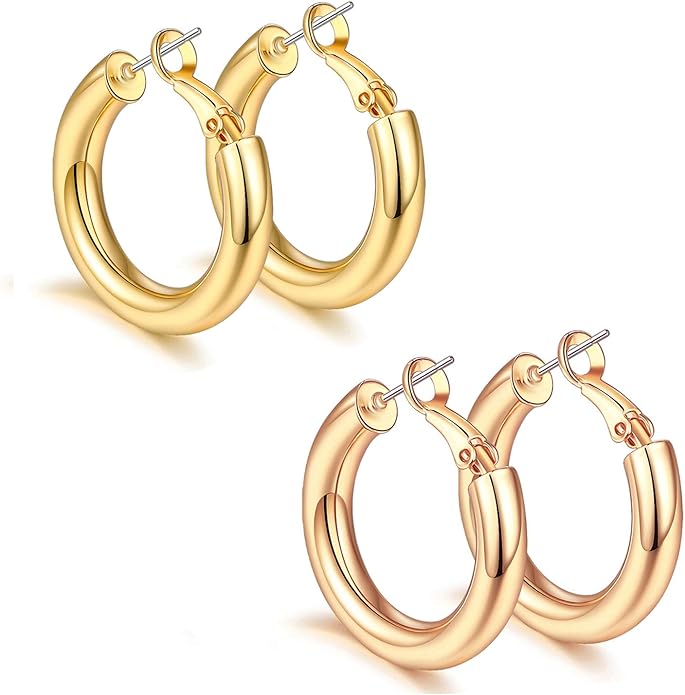sovesi Chunky Gold Hoop Earrings for Women with 925 Sterling Silver Post, 14K Gold Plated Small Thick Gold Hoops Earrings for Women