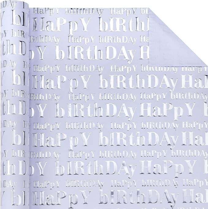 WRAPAHOLIC Jumbo 3D Kraft Birthday Wrapping Paper Roll - 30 Inch x 16.5 Feet - Silver and White Happy Birthday Wrapping Paper with Embossed Perfect for Holiday, Party Celebration