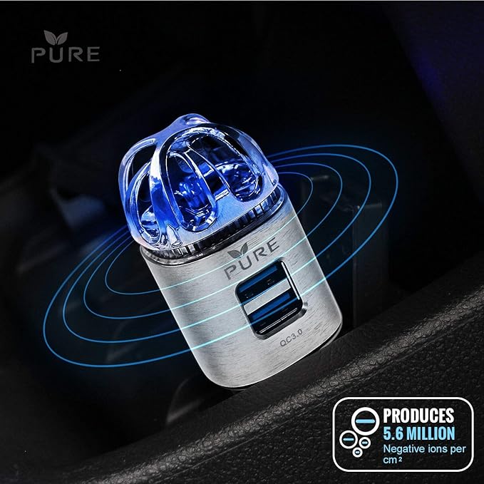 Car Air Purifier 3in1 Premium Stainless Steel Air Filter Ionizer w/Dual USB Quick Charge 3.0 USB-Eliminate Allergens Odor Smell, Smoke, Pets, Pollen Mold Bacteria w/Anti-Microbial Deodorizer (Silver)