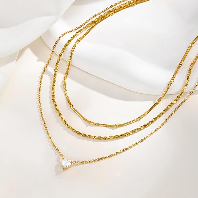 KSF Layered Gold Necklaces for Women - 18K Gold Plated 3PCS Dainty Simple Stackable Choker Necklace, Cubic Zirconia Pendant Necklace Trendy Jewelry Gift Set for Women