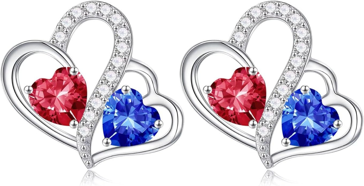 Iefil Valentines Day Gifts for Her - Birthstone Earrings Gift for Women, 925 Sterling Silver Double Heart Birthstone Earrings | Anniversary Birthday Gifts for Women, Personalized Jewelry for Wife Mom
