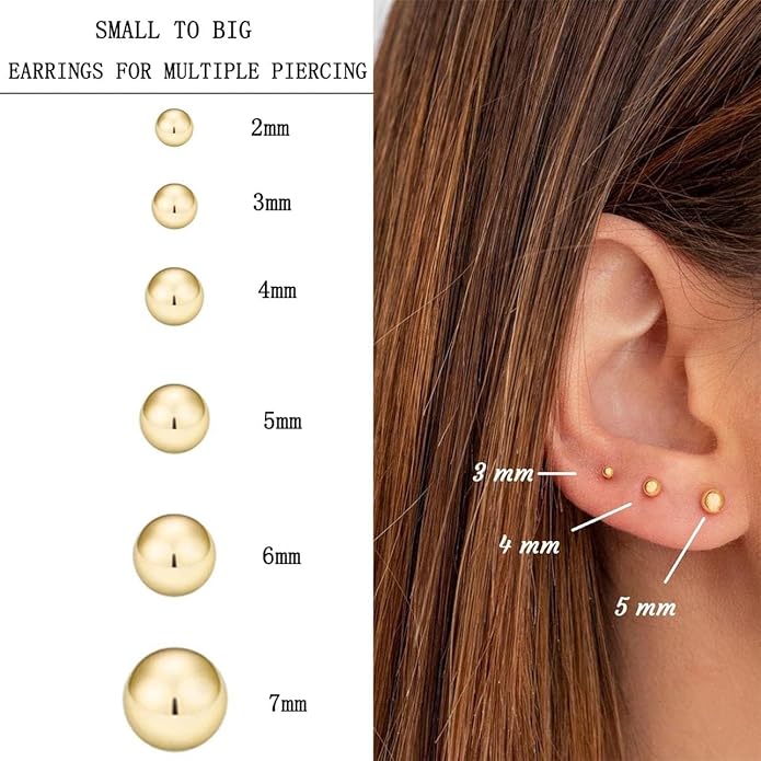 14K Gold Filled Polished Small CZ Pearl Ball Stud Earrings Set for Women Men 20G Surgical Steel Hypoallergenic Piercing Studs for Sensitive Ear, Pack of 6 Pairs