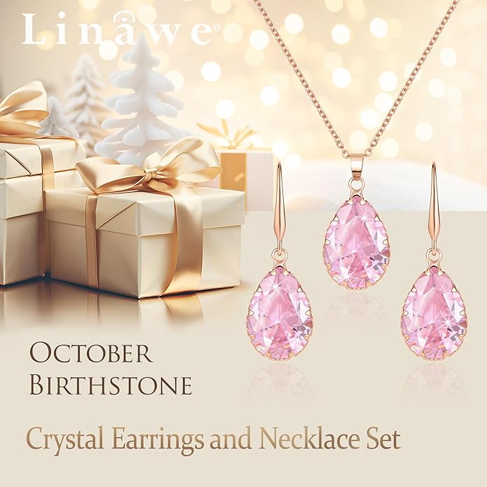 Linawe Crystal Jewelry Sets for Women, Imitation Diamond Pendant Necklace, Rhinestone Drop Dangle Earrings, Birthstone Cubic Zirconia Matching Wedding Jewelry, 14K Gold/Rose Gold/Silver Tones