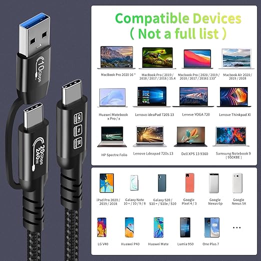 CABLEDECONN USB2.0 A to USB C 3.2 Type C 20Gbps Male to Male Detachable 2m 6.6ft Cable Data Extension 10Gbps 240W Fast Charge 8K Ultra HD Video Data Connection Power Line