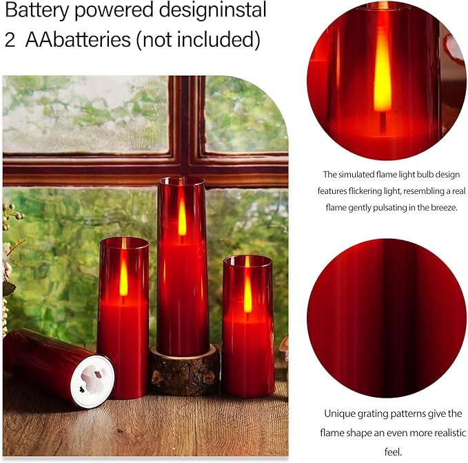 Flameless LED Candles, Upgraded Realistic 9 Pcs Flickering Flame Pillar Candles, Battery Operated Candles with Remote Timer, for Romantic Ambiance and Home Decoration (Red)