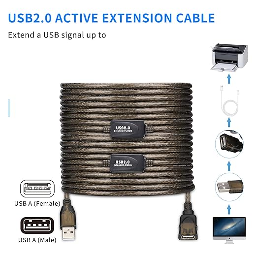 75 FT USB Extension Cable, USB 2.0 Type A Male to A Female Active Repeater Extension Cable 75 ft, High Speed 480 Mbps