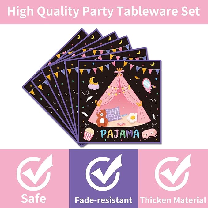 96PCS Sleepover Plates and Napkins Party Supplies Pajama Party Decorations Sleepover Party Supplies for Girls Slumber Themed Disposable Tableware Set Serve 24 Guests
