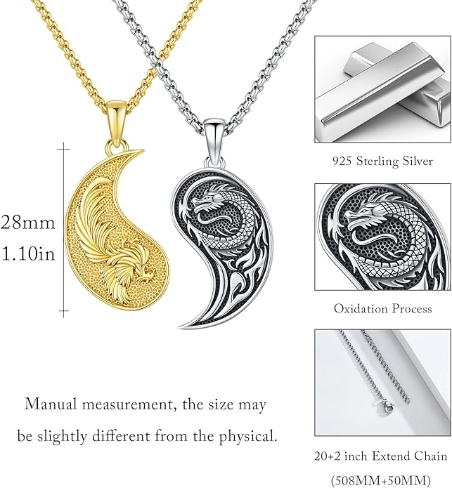 MEDWISE Dragon Phoenix Yin Yang Necklace Double 925 Sterling Silver Dragon Phoenix Pendant Partner Friendship Couples BFF Pendant Necklace Yin Yang Jewelry Matching Set for Her Him Women Men