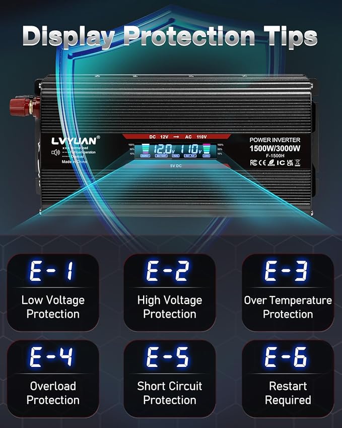 LVYUAN 1500W Car Power Inverter 12V to 110V DC to AC with 2 US Sockets, Cigarette Lighter, LCD Display, USB Ports for Car, Home, Truck, Outdoor, Camping