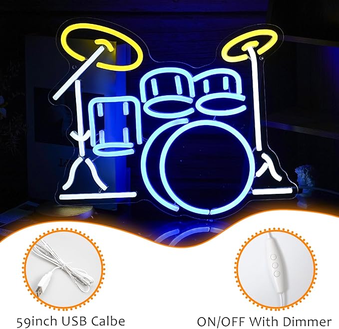 LISIGNVE Drum Kit Neon Sign, Neon Light Sign, Led Neon Light for Wall, USB Powered Led Neon Signs for Live Music, Music Studio, Party Decoration