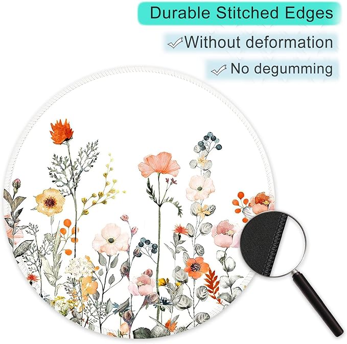 ITNRSIIET Round Mouse Pad with Stitched Edge Premium-Textured Waterproof Non-Slip Rubber Base Desktop Protection Mat Diameter 8.7 inches, Wildflowers