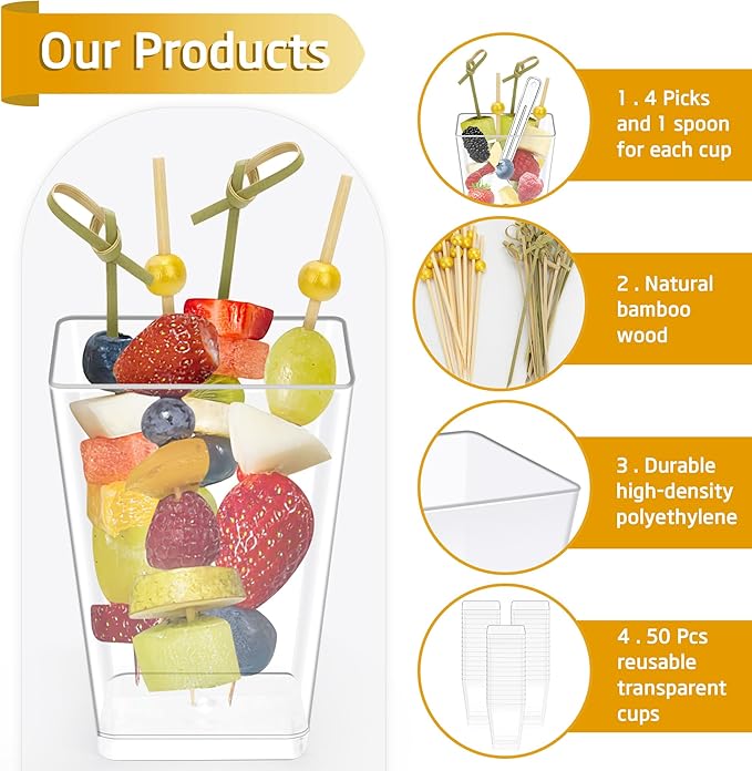50 Pcs 5 oz Plastic Appetizer Charcuterie Cups with 200 sticks, Clear Dessert Cups with 50 Spoons, Disposable Fruit Parfait Salad Cup for Party