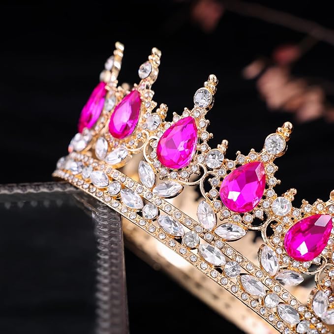 Hot Pink Queen Crown for Women Crystal Tiara for Girl Rhinestone Wedding Headband for Bride Hair Accessories for Costume Birthday Party Prom Gifts