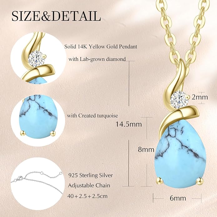 FANCIME 14K Solid Yellow Gold Birthstone Pendant Necklace for Women with Diamond Pear Shaped Teardrop Necklace Birthday Gifts for Mom Women Sterling Silver Chain 16" + 2" Extender