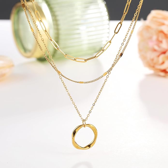 3Pcs Layered Necklace for Women Stackable Necklaces Silver Rosegold Gold Plated Chain Dainty Set Gifts Circle Pendant Paperclip Chain Choker Necklaces Trendy Personalized Jewelry Set Gifts for Women