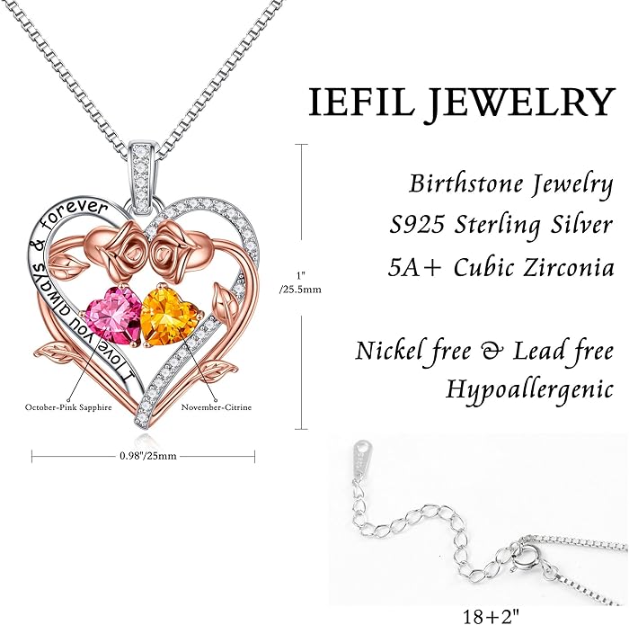 Iefil Valentines Gifts for Her Wife Women - Rose Heart Double Birthstone Necklace Gift for Wife Girlfriend Her Women, Birthstone Jewelry Gemstone Birthday Gifts for Mom Grandma Her
