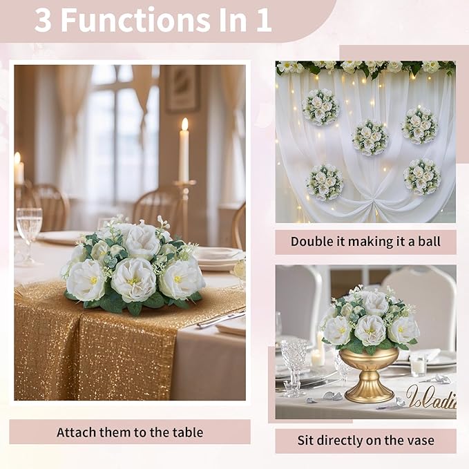 NUPTIO Artificial Flowers Ball Centerpieces: 2 Pcs 9.8 Inch Diameter Fake Kissing Rose Floral Balls for Wedding Party Bridal Shower Valentine Home - White Bouquet Arrangement Decorations for Table