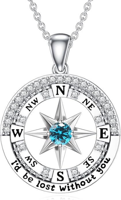 Compass Birthstone Necklace Gift for 2025 Graduation 925 Sterling Silver Compass ‘I'd be Lost Without You’ Pendant Necklaces Jewelry for Women Her Wife Gift for Birthday Anniversary