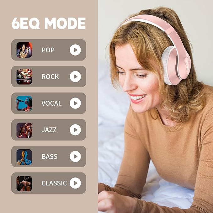 Wireless Bluetooth Headphones Over Ear 65H Playtime HiFi Stereo Headset with Microphone and 6EQ Modes Foldable Bluetooth V5.3 Headphones for Travel Smartphone Computer Laptop Rose Gold