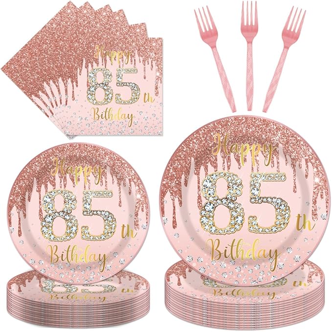 96Pcs 85th Birthday Decorations for Women Disposable Tableware Set -Rose Gold Happy 85th Birthday Paper Plates Napkins Forks 85 Years Old Party Supplies Serve 24 Guests