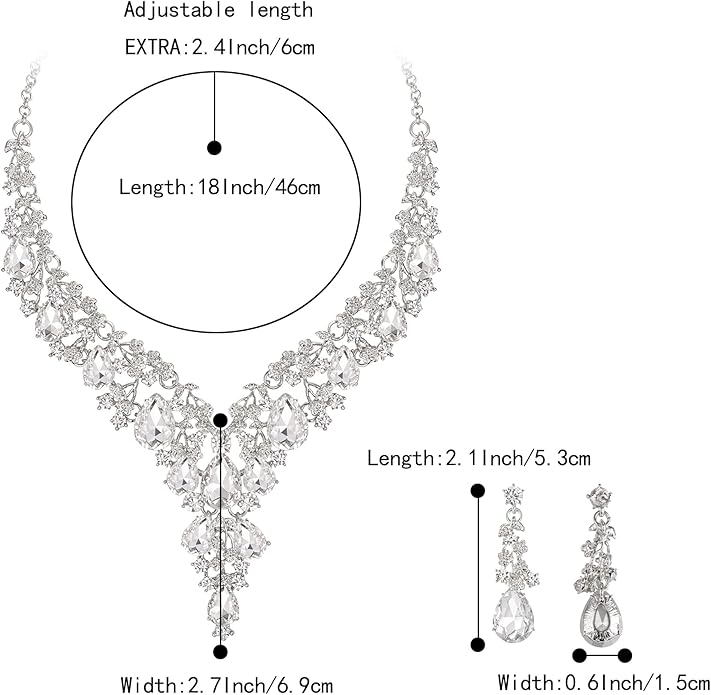 BriLove Women's Wedding Bridal Austrian Crystal Teardrop Flower Cluster Statement Necklace Dangle Earrings Jewelry Set for Party Prom