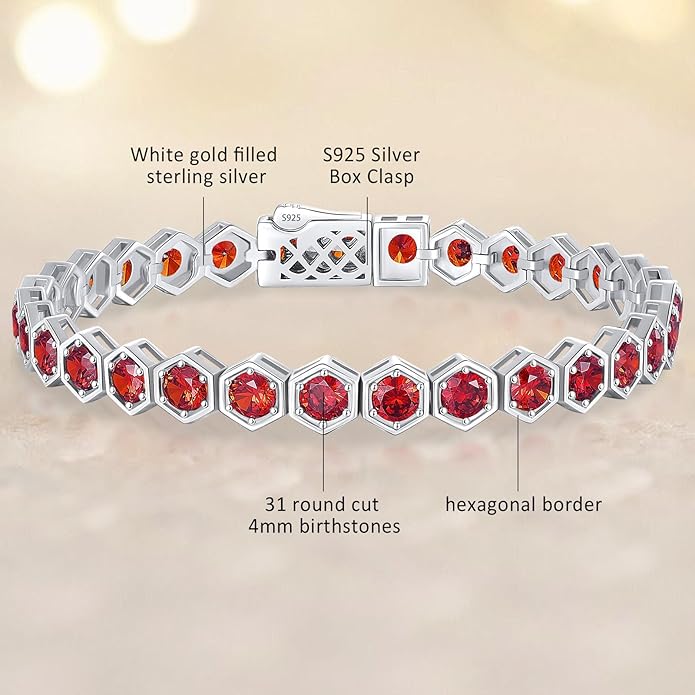 Birthstone Tennis Bracelets for Women Birthday Gifts 925 Sterling Silver Hexagon White Gold Bracelets Round Cut 5A Cubic Zirconia Prong Setting 7 Inch Anniversary Jewelry Gift