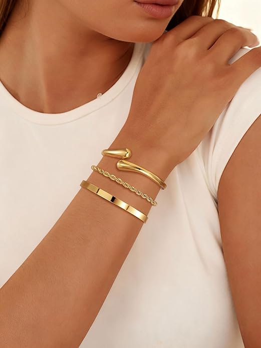 Gold Bangle Bracelets for Women, Non Tarnish Dainty 14K Gold Plated Cuff Bracelets Stackable for Women,Waterproof Bracelet Stack Gold Jewelry Gifts Trendy Adjustable Accessories