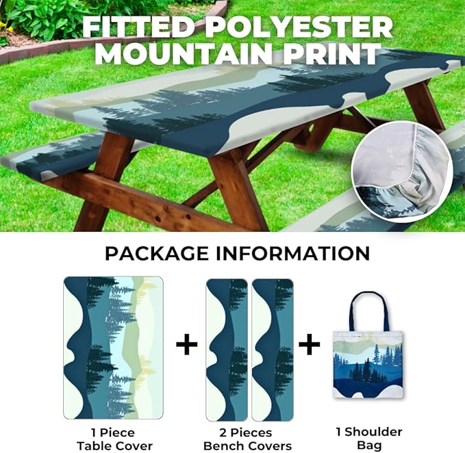 RNOONY 6ft Polyester Picnic Table Cover with Bench Covers Windproof & Waterproof Tablecloth, Perfect for Camping Gifts & RV Essentials, Cool Camping Gadgets, with Carrying Bag, 72x30 Inches, 4Pcs,Blue