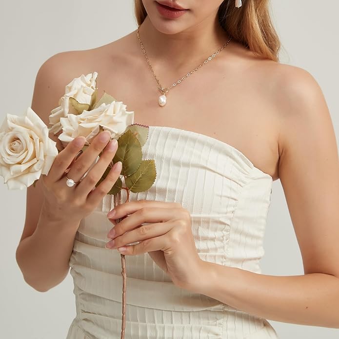 Baroque Pearl Pendant Necklaces for Women, 14K Gold Sliver Plated Adjustable Chain Toggle Clasp Necklace Women Anniversary Jewelry for Mothers Day Christmas Birthday Valentine's Day Gifts (14k Gold)