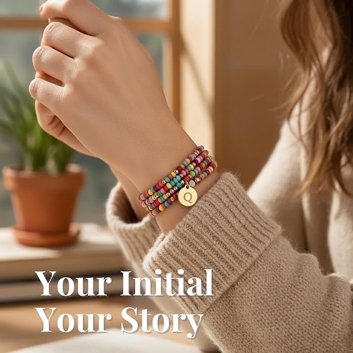 Set of 4 Colorful Bead Initial Bracelets, Personalized Stackable Jewelry, Adjustable Stretchy Charm Bracelets for Women, Beaded Bracelet Set, Trendy Custom Jewelry Gift