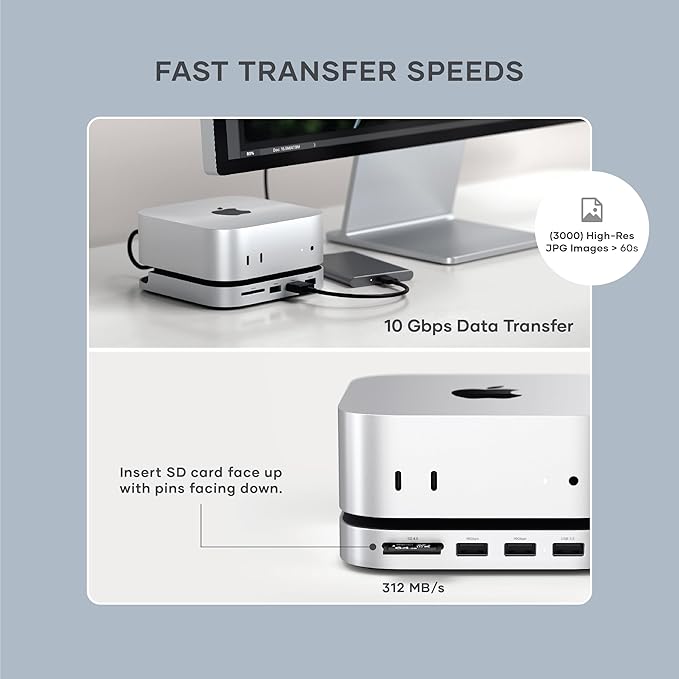 Satechi Mac mini M4 Hub & Stand with NVMe SSD Enclosure, Mac mini M4 Dock with 2xUSB A Up to 10Gbps, USB A Data Port, SD Card Reader for Mac mini M4, Mac mini M4 Pro - Silver