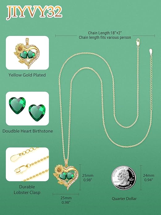 Sunflower Heart Necklace for Women 14K Gold Exquisite Valentines Day Anniversary Birthday Gifts for Wife Mother Her Double Birthstone Pendant Jewelry‘You Are My Sunshine’