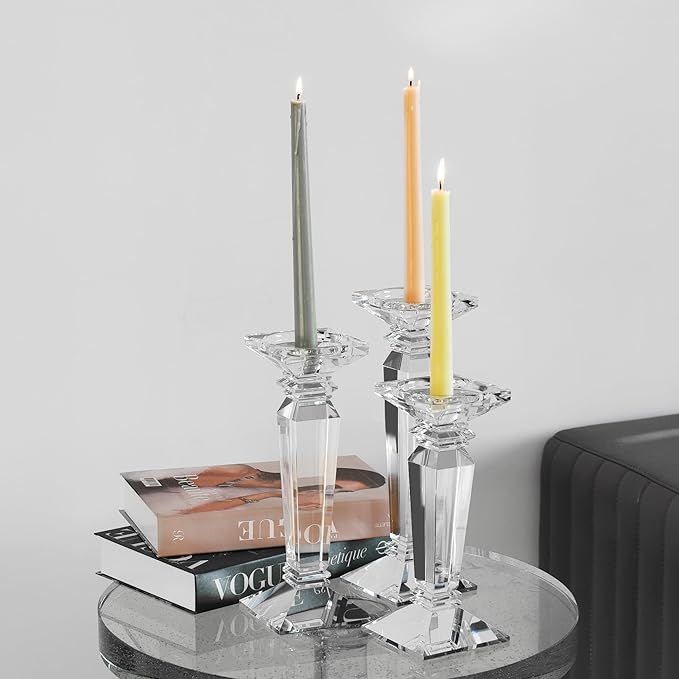 Kitcom Crystal Candlestick Holders Hand Cut Crystal Taper/Pillar Candle Holders, Table Centerpieces for Party Wedding Banquet Decorations Set of 3, Comes with Gift Box(11.6''/10.4''/9.3'' Tall)