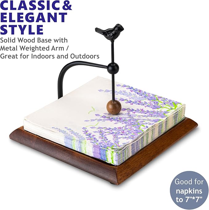 Wooden Napkin Holder with Bird-Shaped Handle – Elegant Flat Napkin Holder with Weighted Arm for Paper Napkins, Cocktail Napkins – Perfect for Kitchen, Dining Table, Café, and Bar – Ideal Holiday Gift