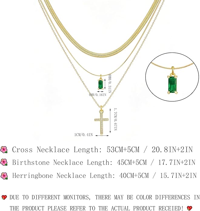3Pcs Gold Layered Necklaces for Women, 14K Gold Plated Cross Necklace, Dainty Birthstone Necklace for Women, Herringbone Gold Necklaces Set, Stackable Women's Gold Pendant Necklaces Jewelry Set