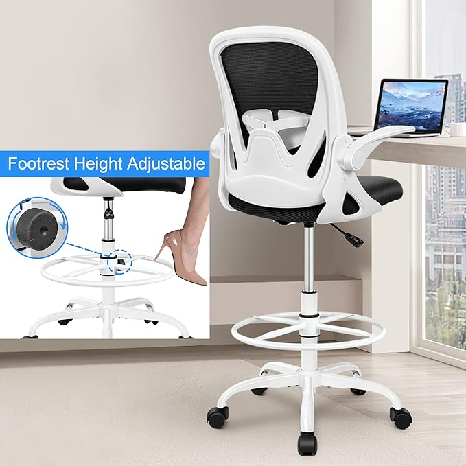 Primy Ergonomic Drafting Chair with Flip-up Armrests Tall Office Chair for Standing Desk Comfortable Desk Chair with Adjustable Footrest Ring and Lumbar Support in Gray Perfect for Home (White)