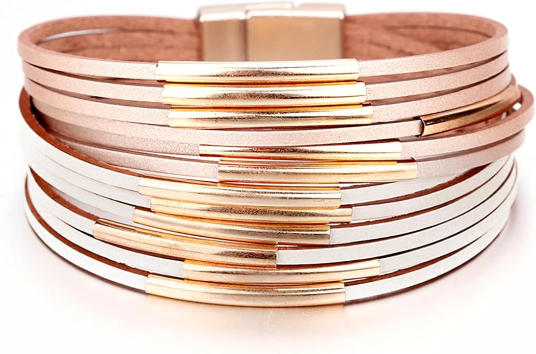 Fesciory Leather Wrap Bracelets for Women, Boho Leopard Multi-Layer Crystal Beads Cuff Bracelet Jewelry
