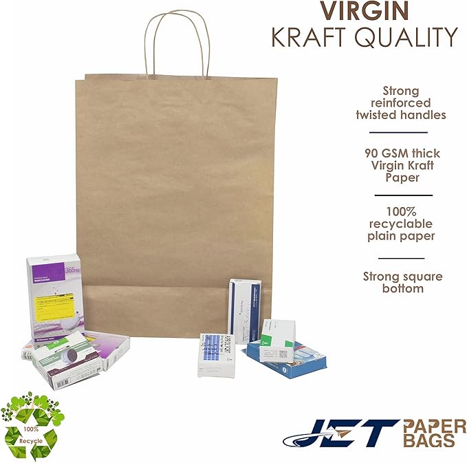 JET PAPER BAGS - 13”x7”x17” Inch [100 Pcs] Large Brown Paper Bags with Handles Prime for Takeout, Grocery, Goody, Retail, Party, Gifts, Weddings
