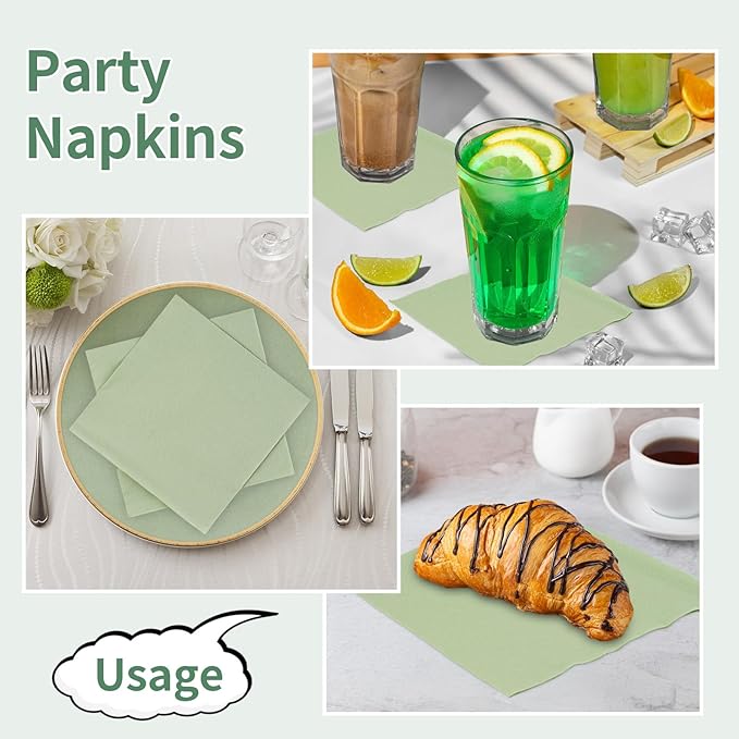 100 Pack Cocktail Napkins, 2-Ply 5x5 Inch Beverage Napkins, Square Edged Disposable Paper Napkins for Wedding, Birthday Party, Dinner, Coffee Bar (Sage Green)