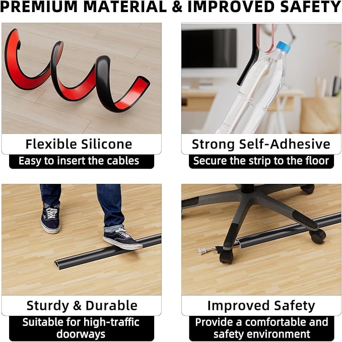 9.8ft Floor Cord Cover, Silicone Wire Hider, Hide Extension Cords, Protect Cords, Prevent Cable Trips, Heavy-Duty Adhesive-Backed Anti-Trip Cable Protector for Floor, Desk & Wall