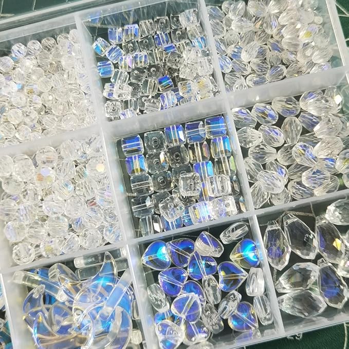 INSPIRELLE 1000 Pieces Crystal Glass Beads AB Finish Assorted Sizes and Shapes Bulk Faceted Beads for Jewelry Bracelet Making