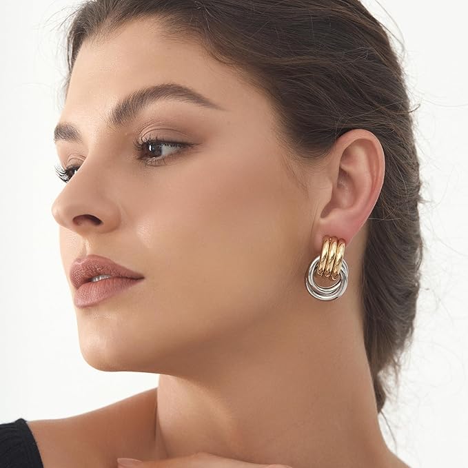 Mixed Color Plated Chunky Knot Link L Size Earrings for Women Geometric Drop Dangle Earrings Studs for Women