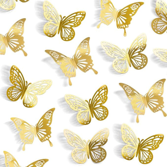 Gold Butterfly Decorations 48Pcs 2 Styles 3 Sizes 3D Paper Butterflies Stickers Wall Decor for Cake Cupcake Toppers Golden Graduation Grad Cap Decals for Birthday Party Baby Shower Kids Girl Room