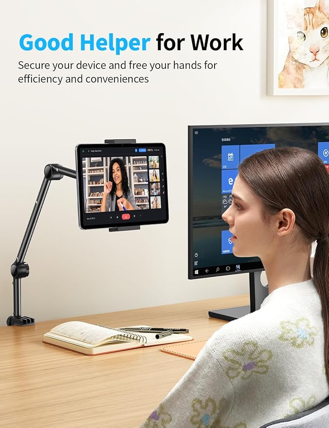 OMOTON Tablet Stand Mount for Desk, Adjustable Phone Holder for Bed with Metal Arm Fits for 4.7-11 Inches iPad Pro, Air/Mini, Kindle and Phones