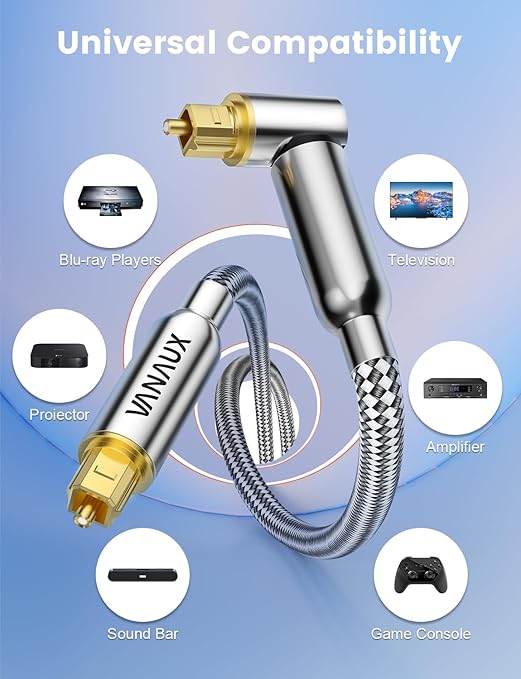 VANAUX 90-Degree Optical Audio Cable 3FT,Premium Fiber Optic Toslink Cable(24K Gold-Plated Connectors,Aluminum Alloy Shell,Braided Jacket)Ideal for Tight Spaces,Home Theater,Soundbars,Gaming Consoles