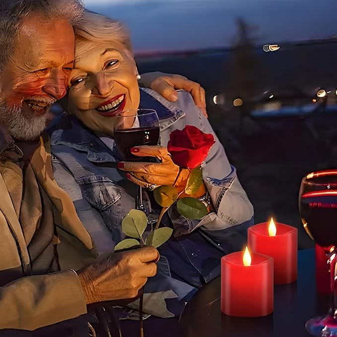 3x3 Flickering Flameless Candles Set of 2, LED Battery Operated Candles, 3 inch Flameless Candles with Remote Control, Suitable for Wedding Holiday Decoration,Red