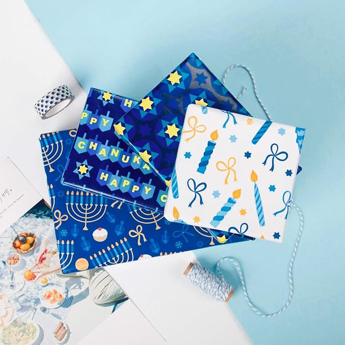 WRAPAHOLIC 30 Inch Hanukkah Wrapping Paper Roll - Jumbo Roll Menorahs, the Star of David, Candles Design for Chanukah Celebration - 4 Rolls - 30 Inch x 120 Inch Per Roll