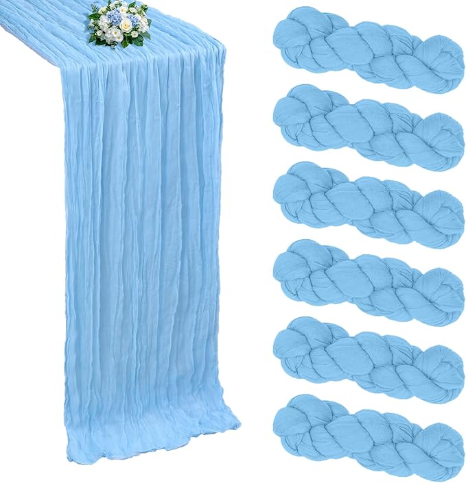 6 Pack Baby Blue Cheesecloth Table Runner 10FT Boho Cheese Cloths Gauze Fabric Table Runners 120 Inch Rustic Sheer for Wedding Birthday Party Baby Shower Centerpiece Home Decorations